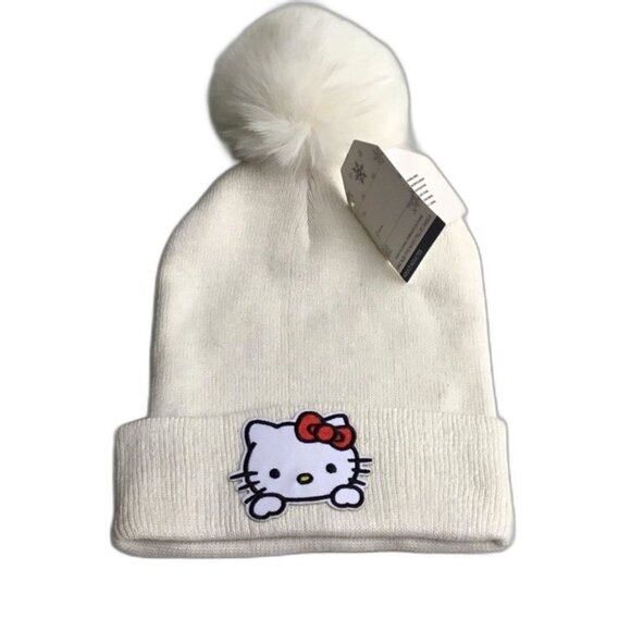 HELLO KITTY with Red Bow White Pom Pom White Beanie Knit Hat One Size - Picture 1 of 9